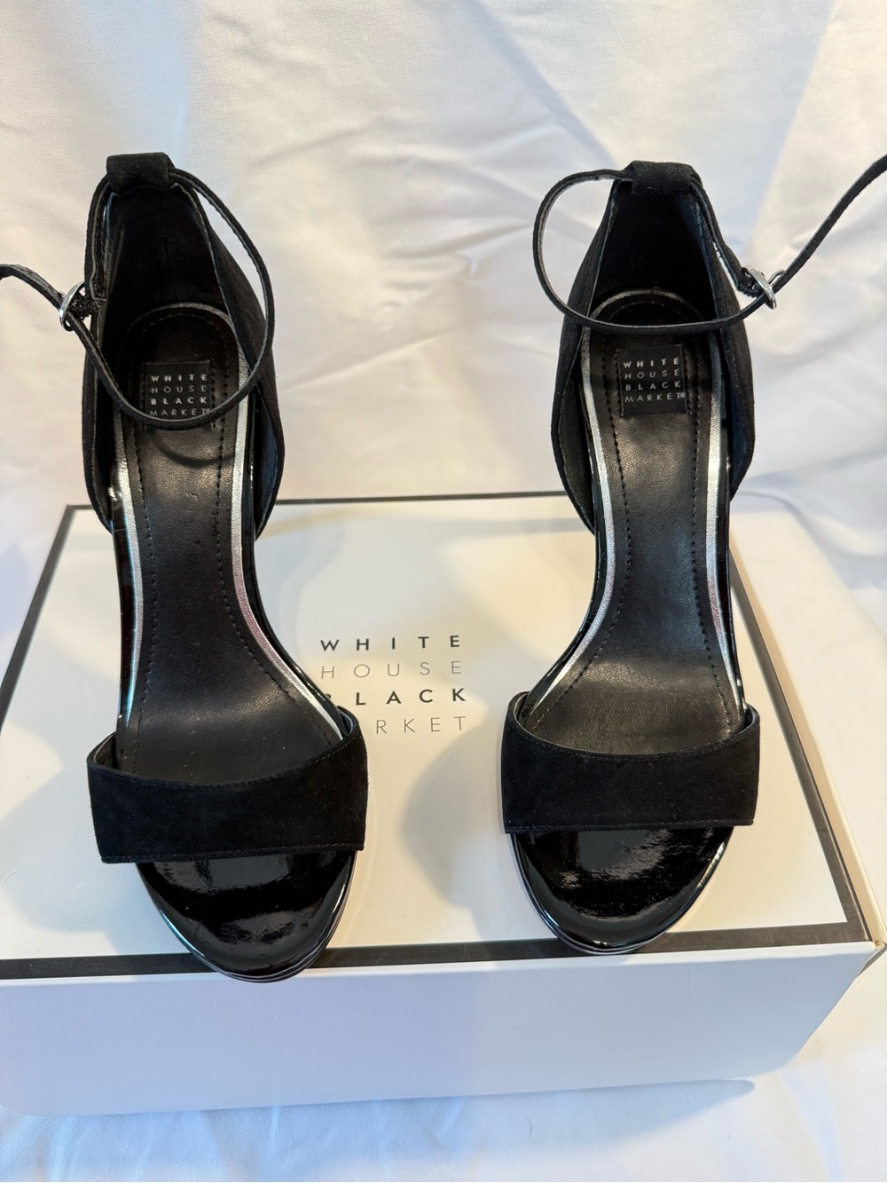 White House Black Market Black Suede & Patent Ankle-Strap Heels